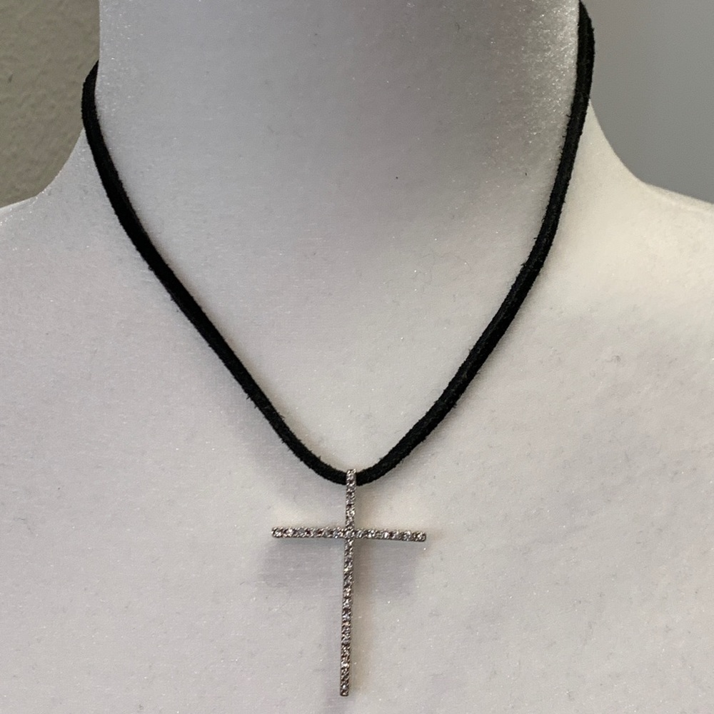 CZ Silver Cross On Leather Necklace